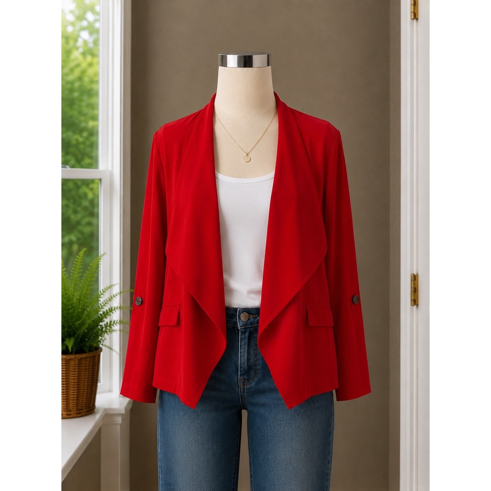 Women's Red Open Front Draped Shawl Collar Roll‎ Tab Sleeve Blazer Jacket Large